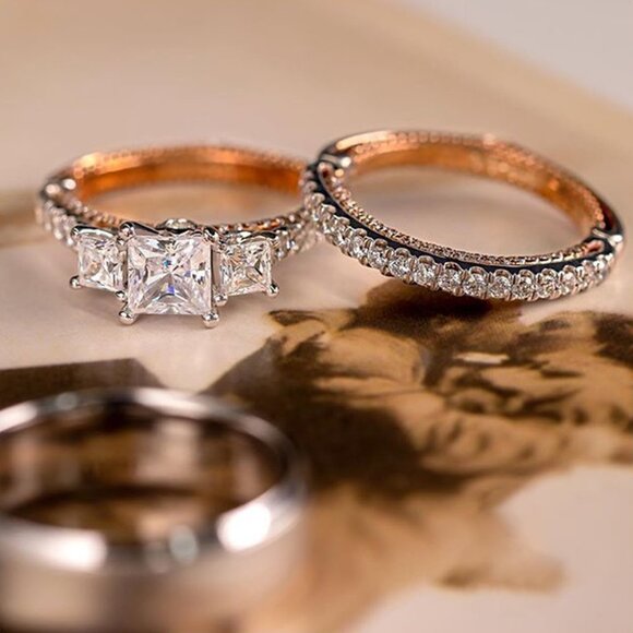 3Pcs/Set Sweet Three Princess Cut Zircon Square Rings for Women, PD582 - Picture 2 of 7